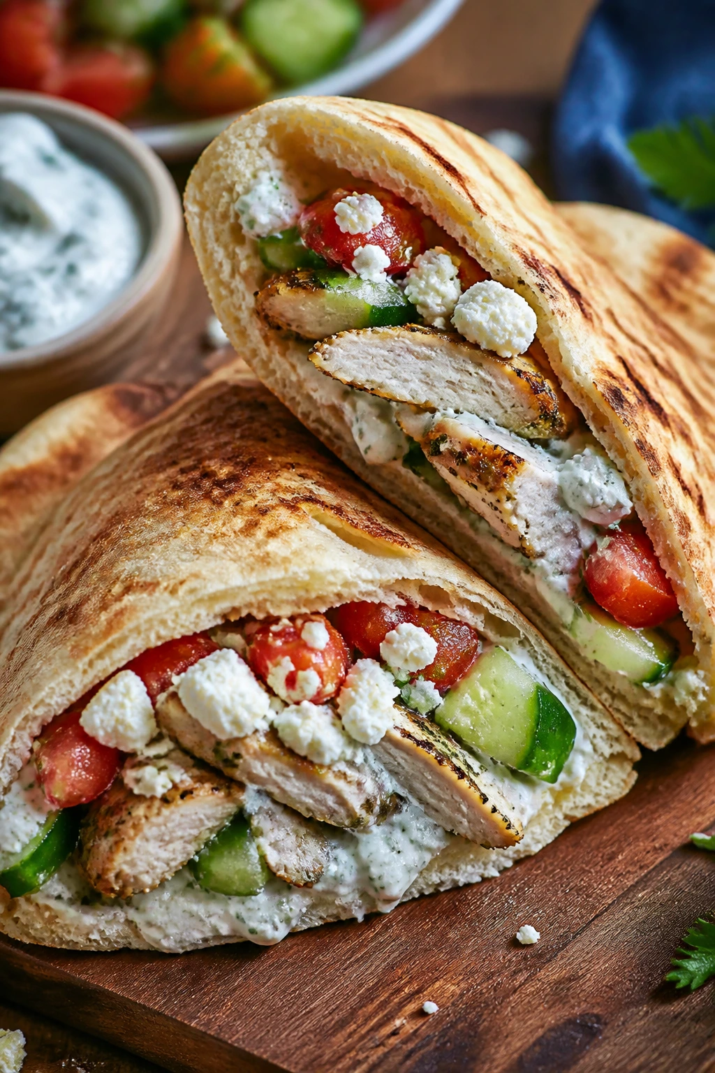 Close-up of a Greek chicken pita stuffed with cucumber and tzatziki