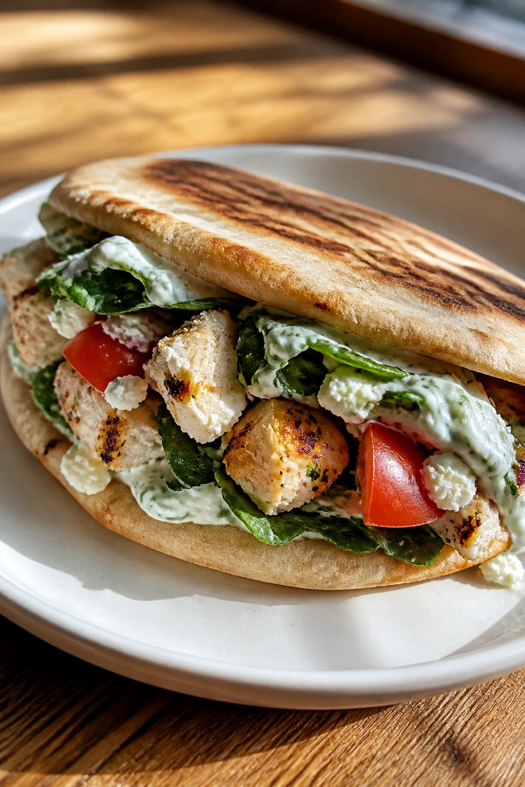 Close-up of Greek chicken pita melt on a plate showing chicken, tzatziki, feta