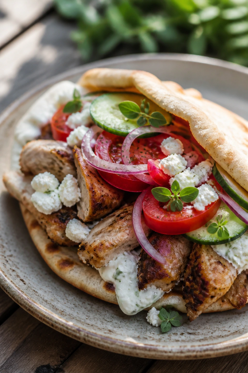 Open Greek chicken pita with tzatziki and feta on outdoor table