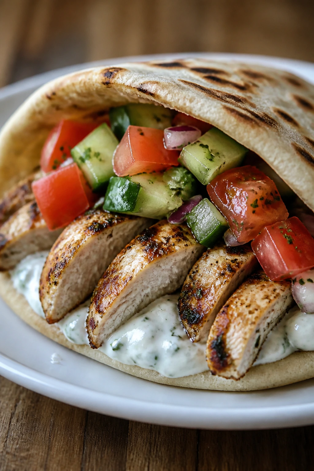 Close-up Greek chicken pita with cucumber and tomatoes on a plate