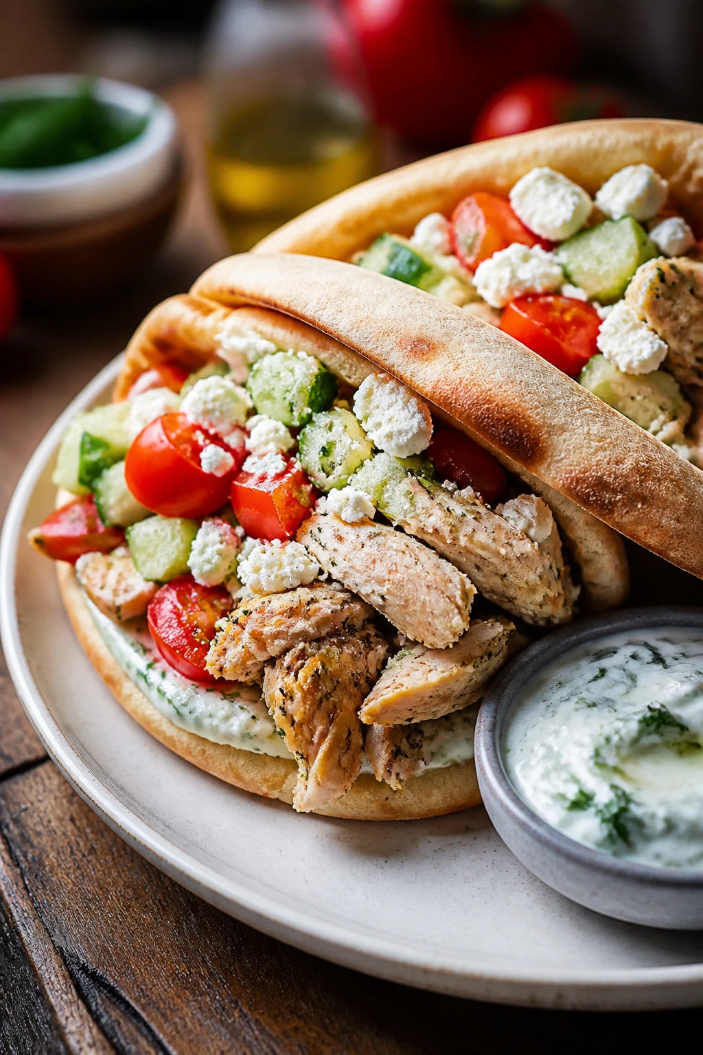 Pita sandwich filled with Greek chicken, cucumber, tomato and feta