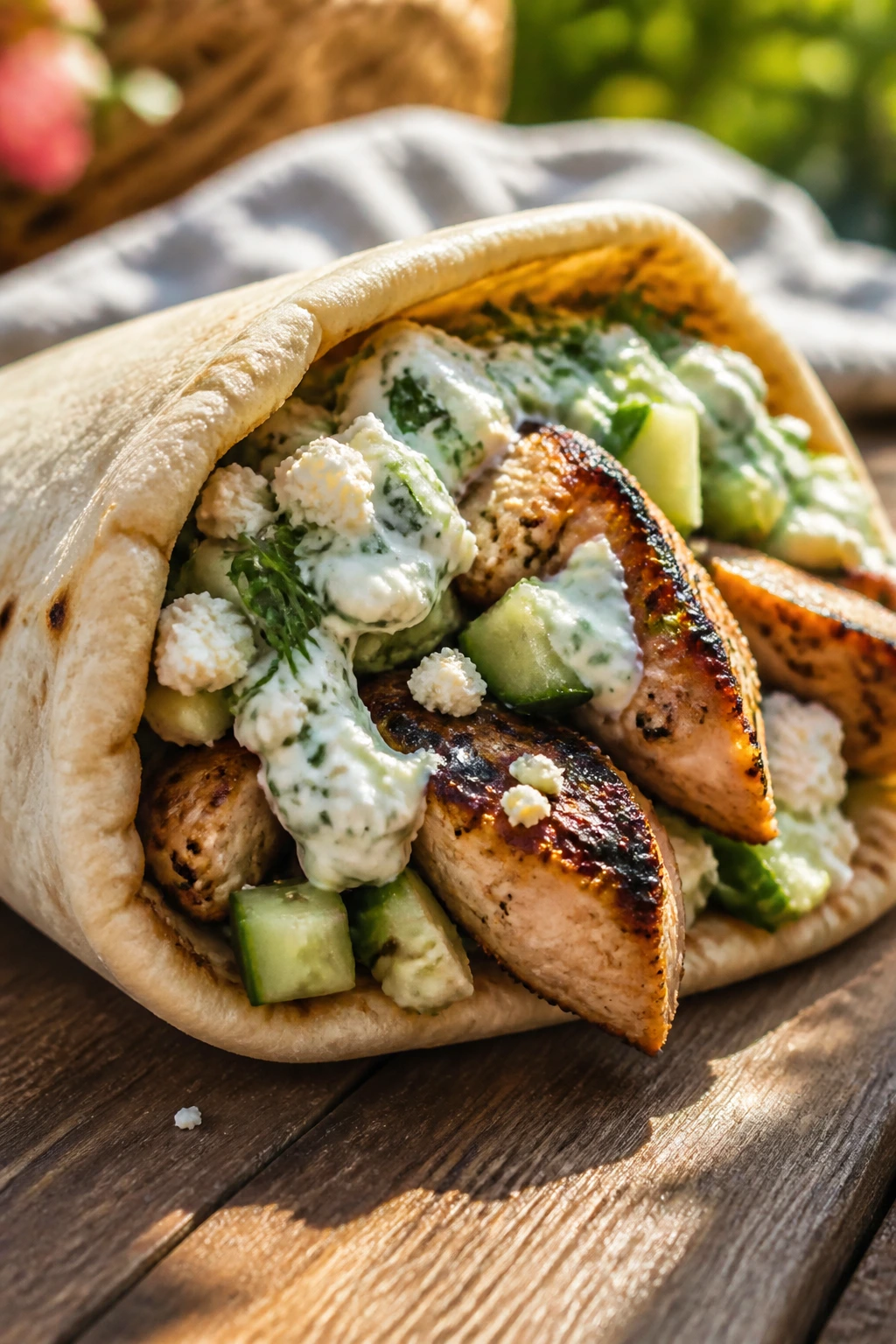 Close-up of a Greek chicken pita filled with chicken, cucumber, feta, and tzatziki.