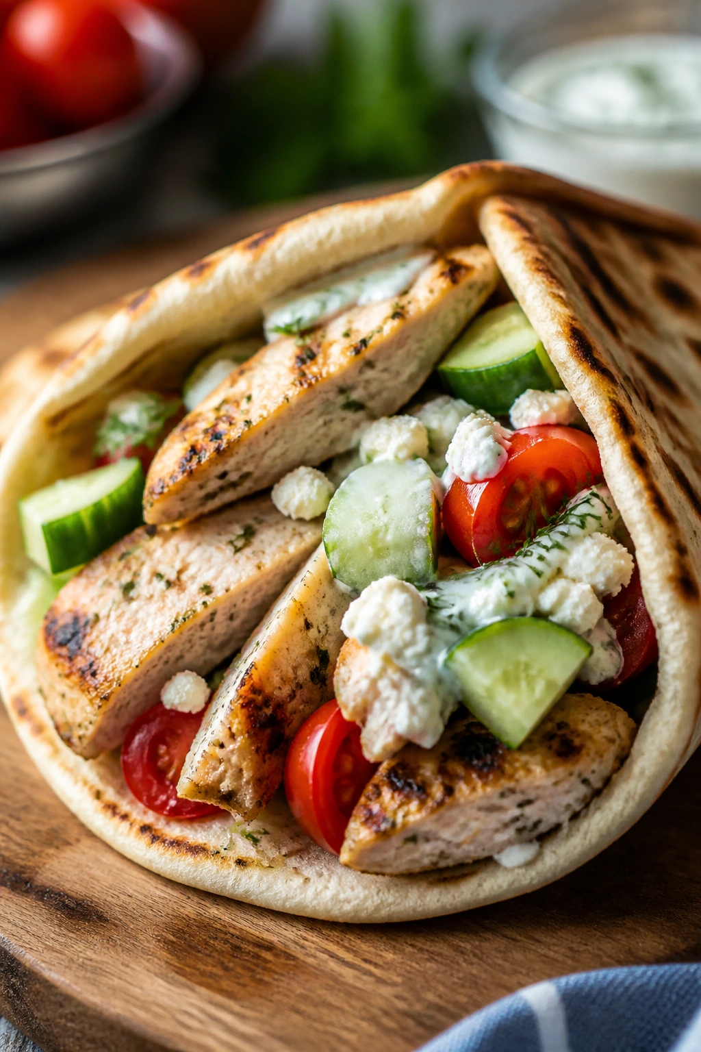 Close-up of Greek chicken pita filled with cucumber tomato feta