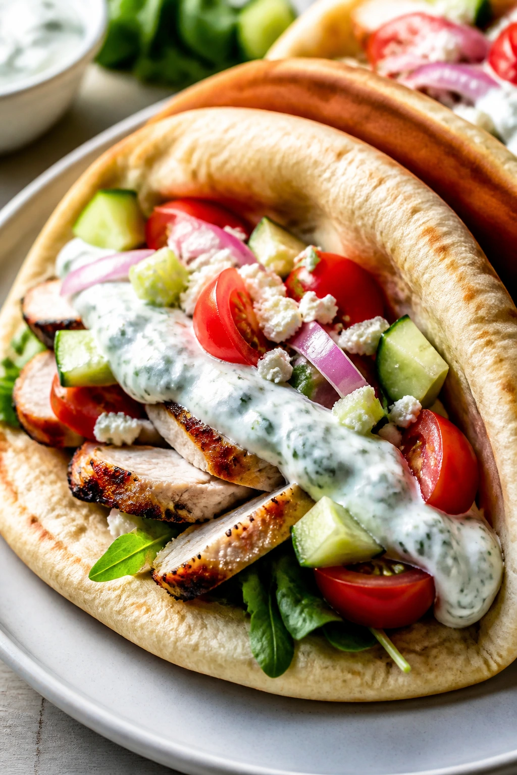 Close-up of a Greek chicken pita stuffed with cucumber and feta