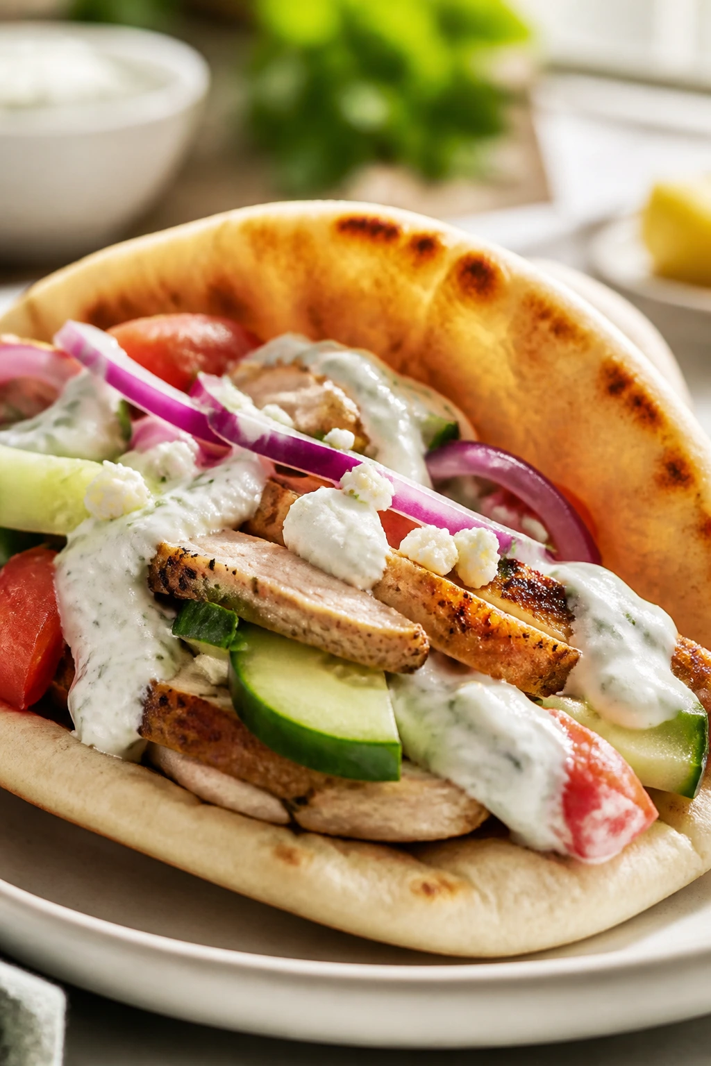 Open pita stuffed with Greek chicken and fresh veggies