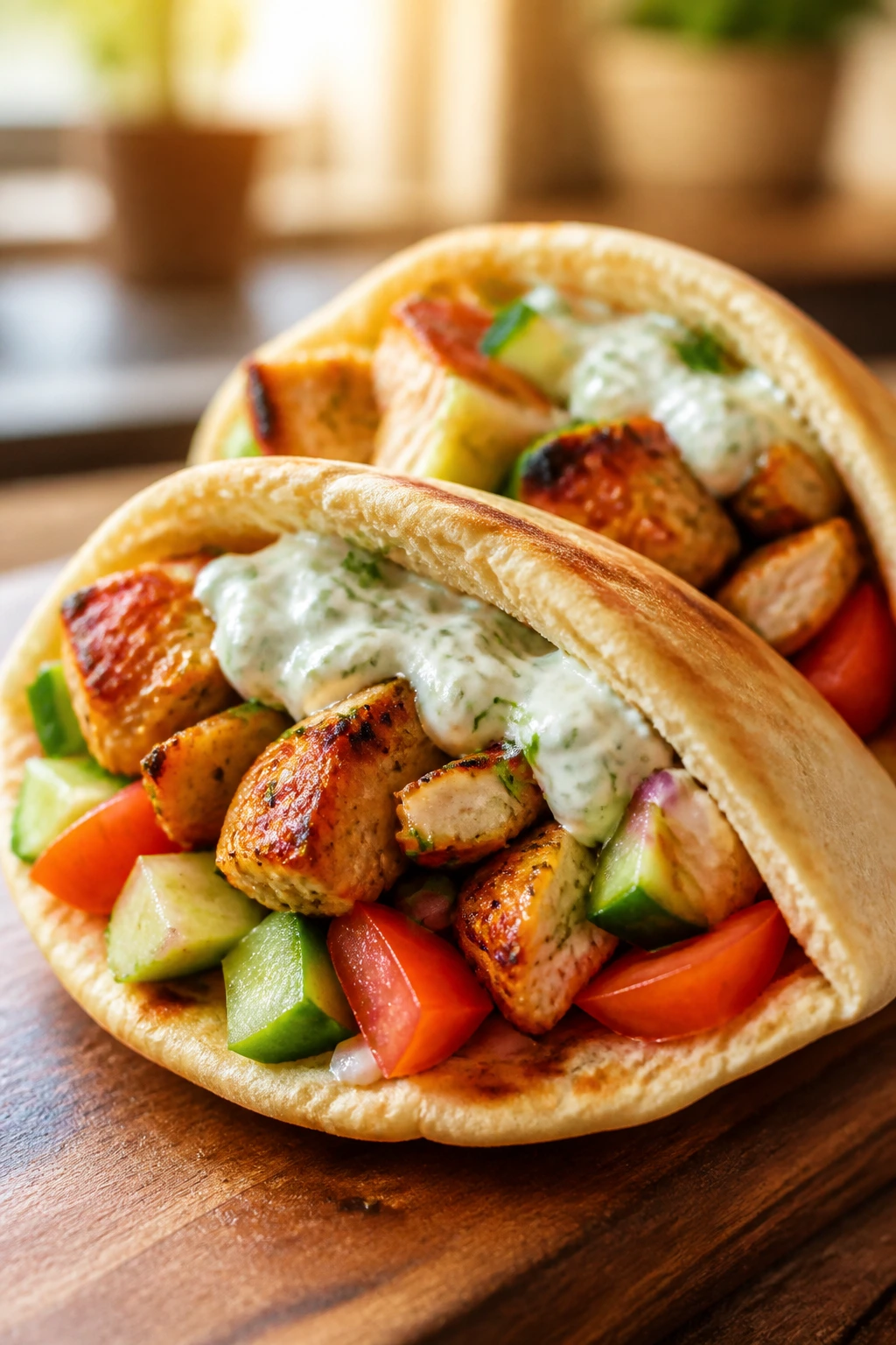 Close-up of Greek chicken pitas with lemon chicken, cucumber, tomato, and yogurt sauce on a rustic wooden board