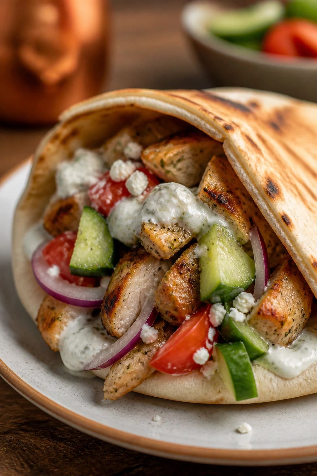 Close-up of a Greek chicken pita loaded with cucumber, tomatoes, feta, and tzatziki.