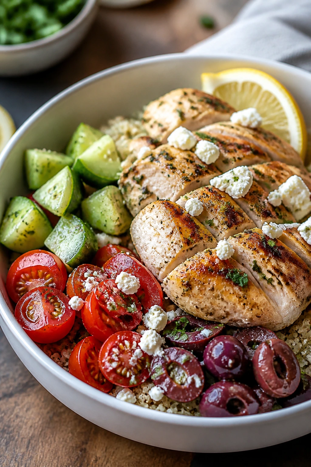 Greek chicken quinoa bowl with feta and olives