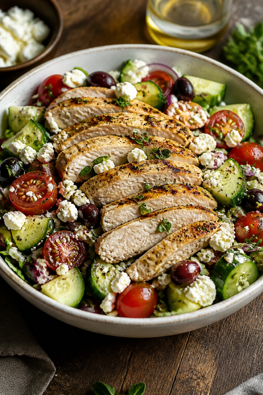 Close-up of Greek chicken salad with cucumber, feta, olives on a rustic table