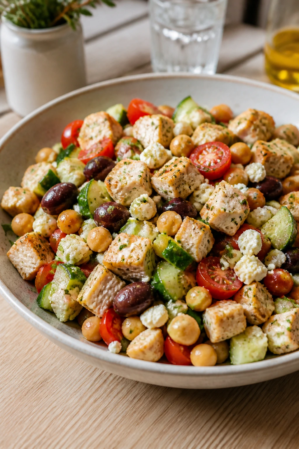 Bright Greek chicken salad with chickpeas, cucumber, tomatoes, feta, and olives