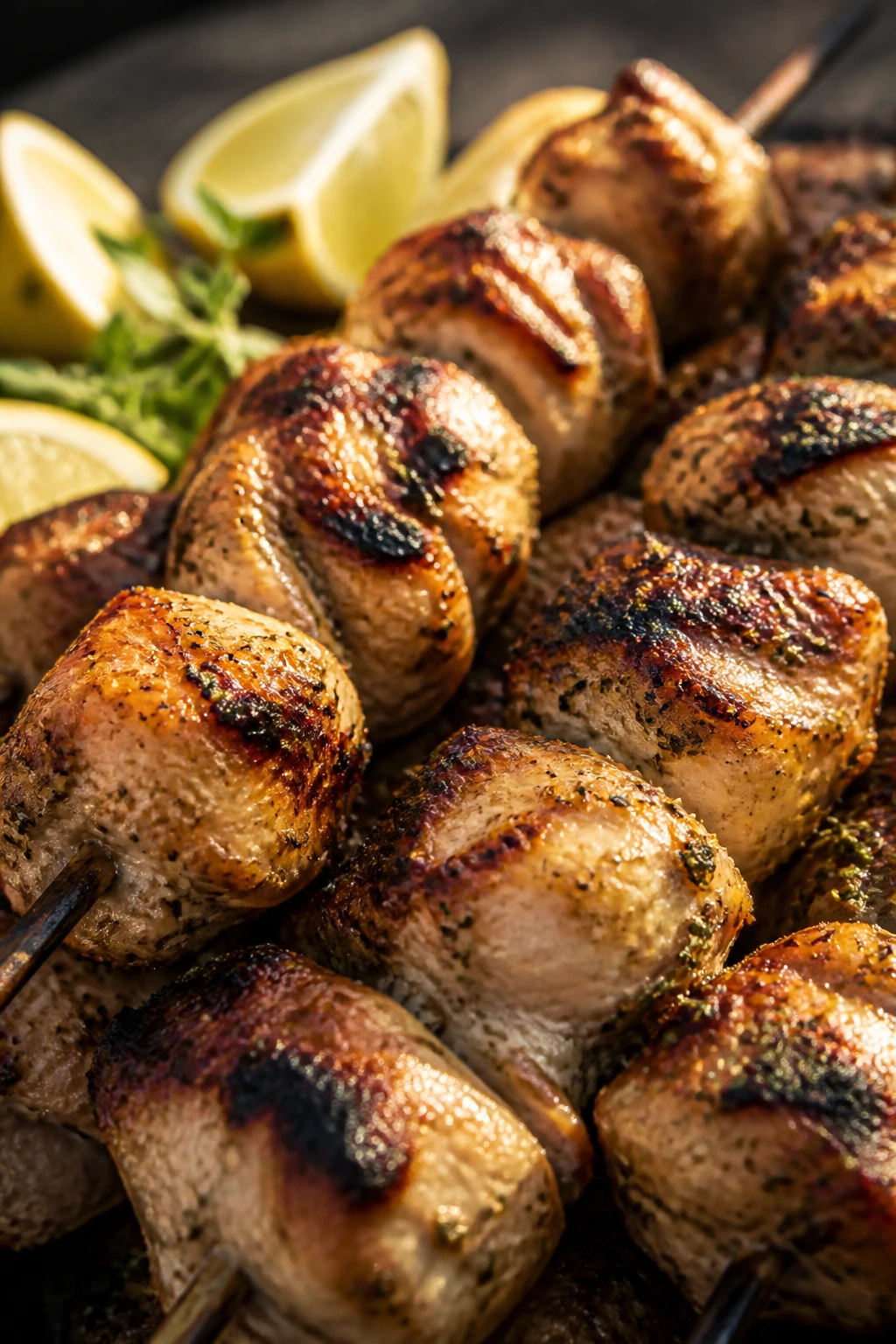 Close-up of Greek chicken souvlaki skewers on a grill with lemon oregano hints