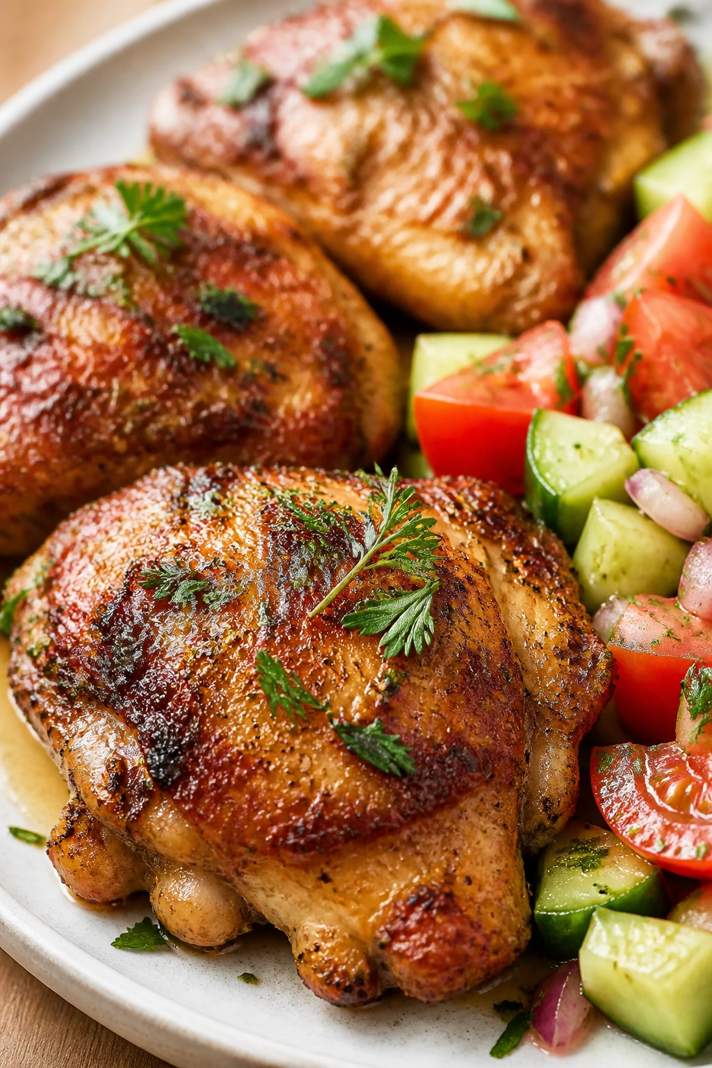 Greek chicken thighs and cucumber-tomato salad close-up