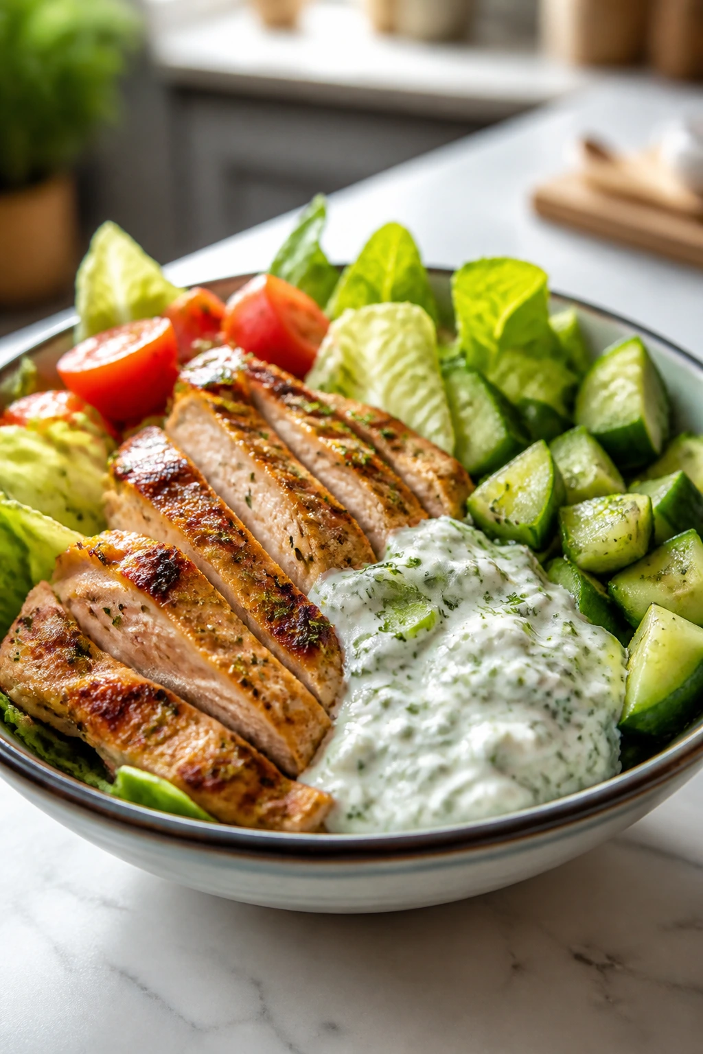 Greek chicken bowl with tzatziki and cucumber in a bowl