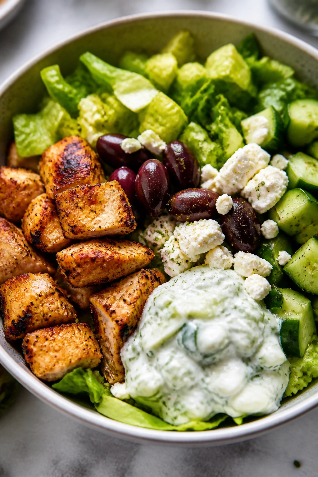 Vibrant Greek chicken bowl with tzatziki cucumber olives and feta