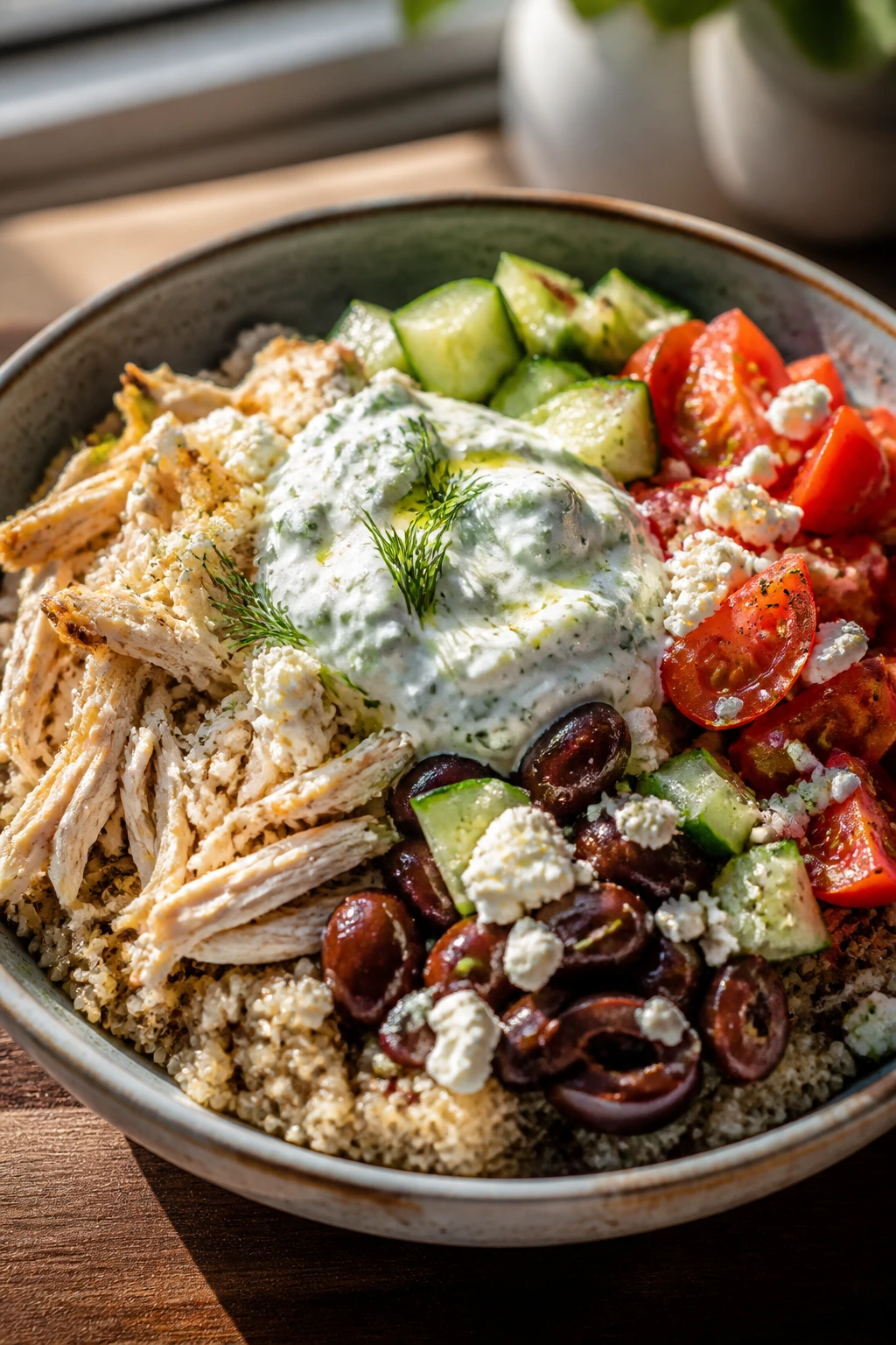 Close-up of a Greek chicken tzatziki bowl with quinoa cucumber tomatoes olives feta on wooden table