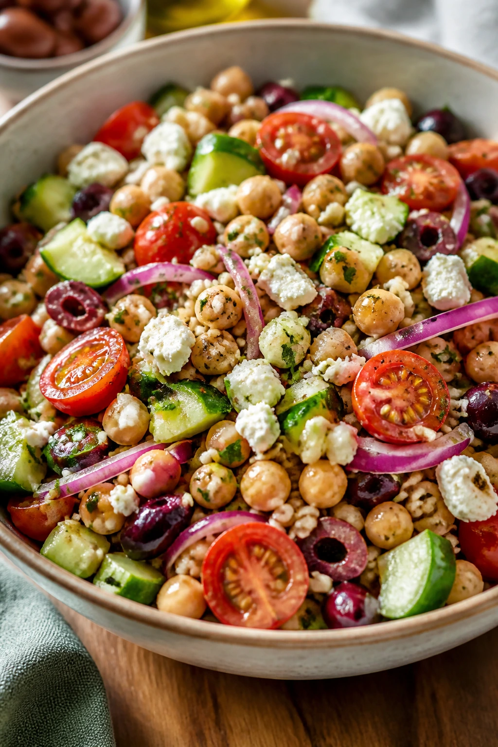 Vibrant Greek chickpea salad with feta in a bowl on a wooden table