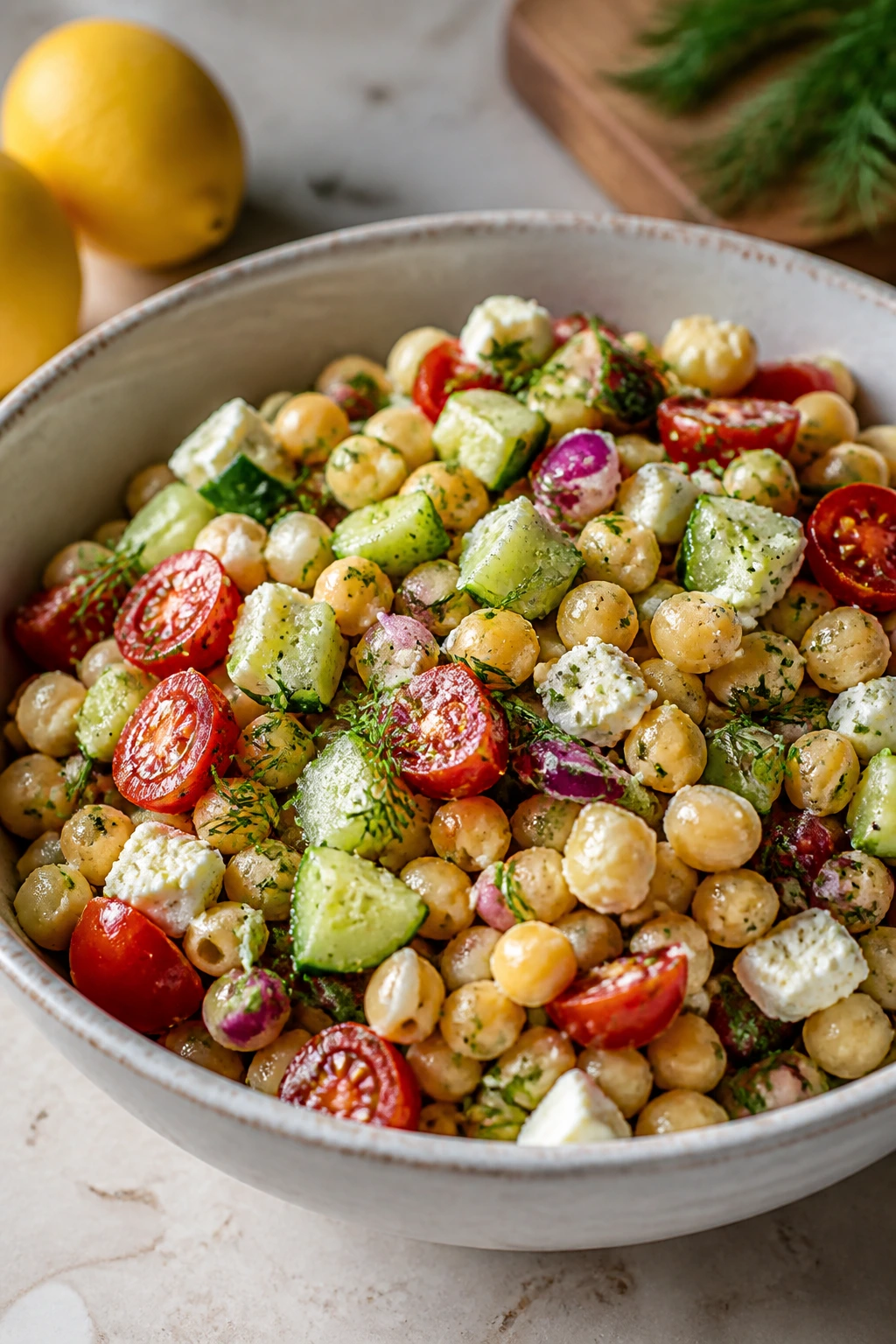 Close-up of Greek chickpea pasta salad with feta, cucumber, and tomatoes in a bowl
