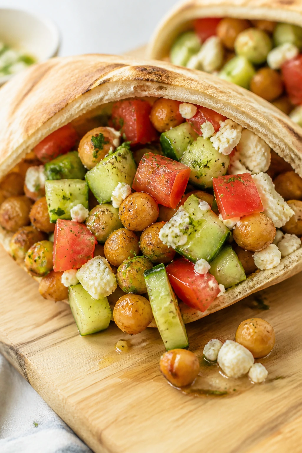 Close-up of a Greek chickpea pita pocket filled with chickpeas, cucumber, tomato and feta