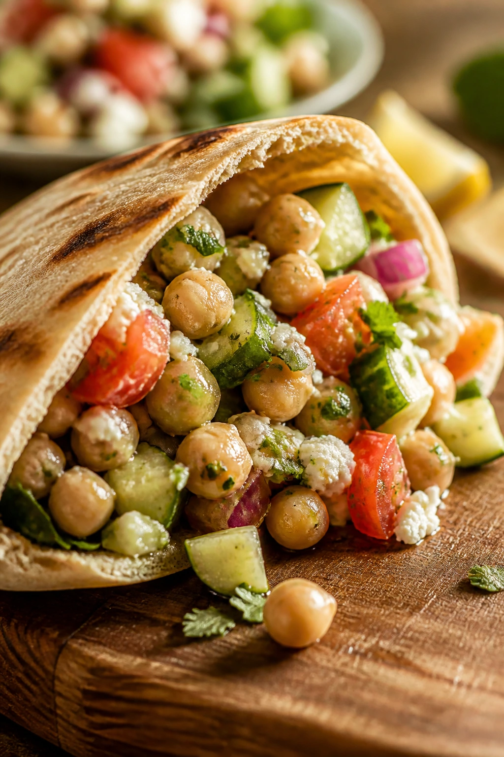 Close-up of stuffed Greek chickpea pita pocket with cucumber, tomato, feta