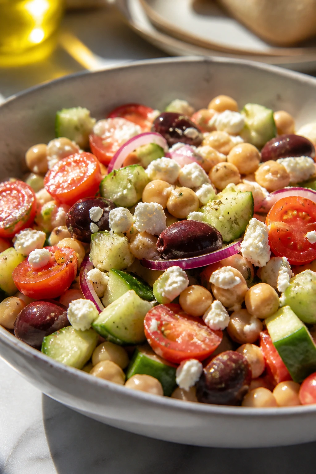 Greek-style chickpea salad with olives, cucumber, feta