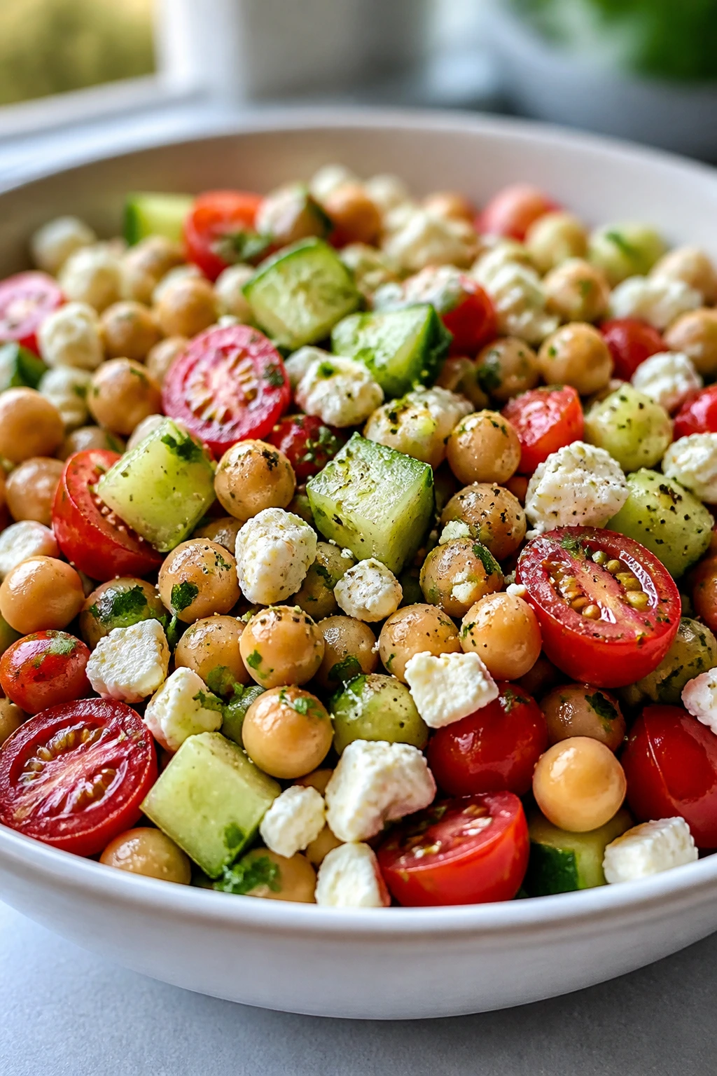 Close-up of Greek chickpea salad with feta, cucumber, and tomatoes in a bowl