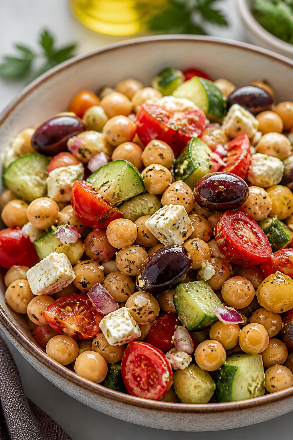 Close-up of Greek chickpea salad with olives and feta in a bowl
