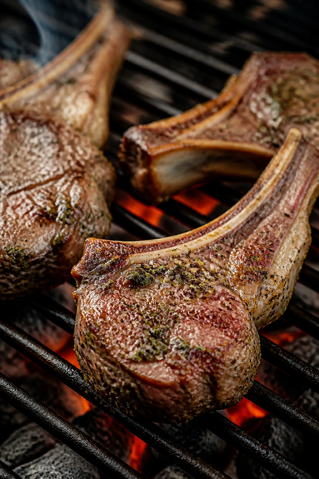 Close-up of Greek lamb chops grilling on a hot outdoor grill with herb glaze