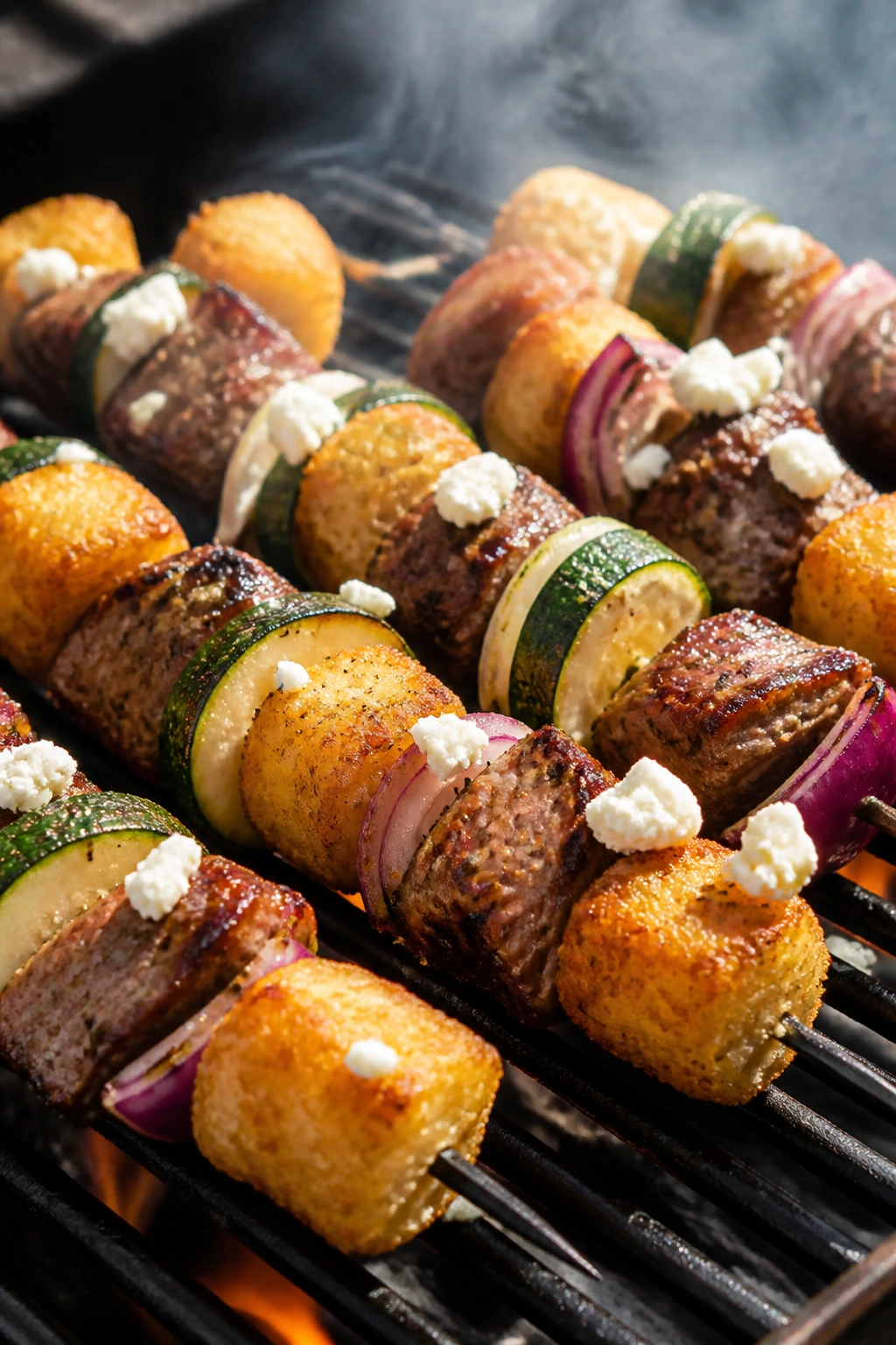 Close-up of Greek lamb tater tot skewers on outdoor grill with feta and vegetables