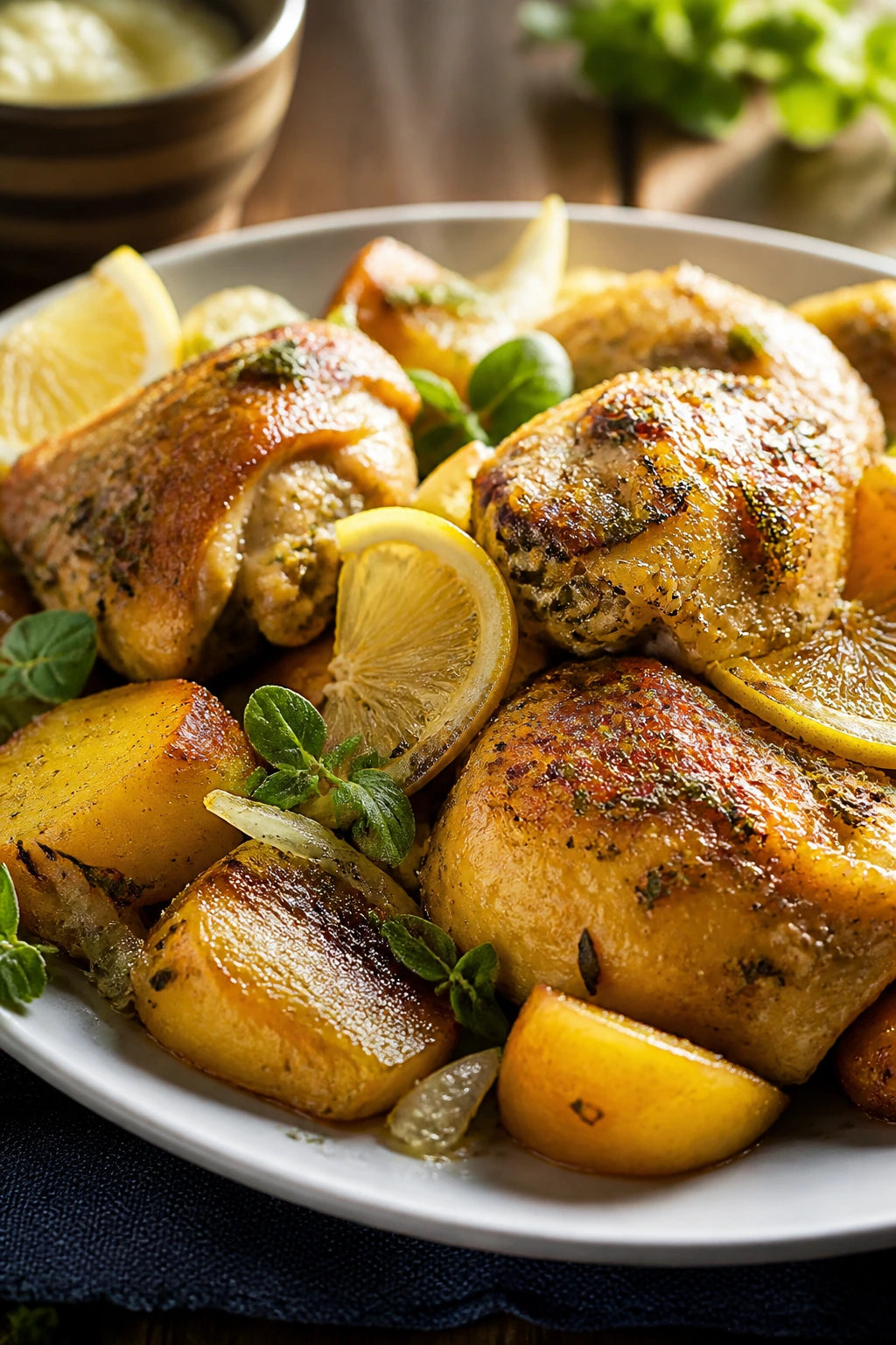 Close-up of Greek Lemon Chicken and Potatoes plated with lemon and oregano