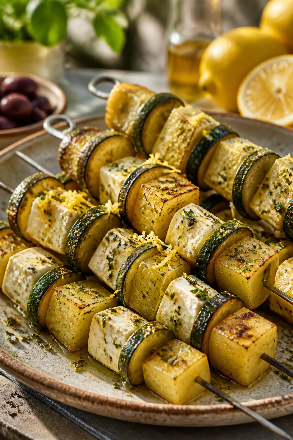 Greek lemon potato feta skewers with zucchini and lemon zest