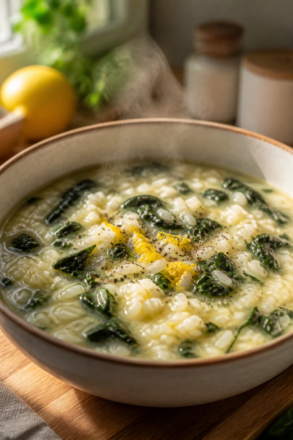 Close-up of Greek Lemon Rice Soup with spinach and lemon zest in a bowl