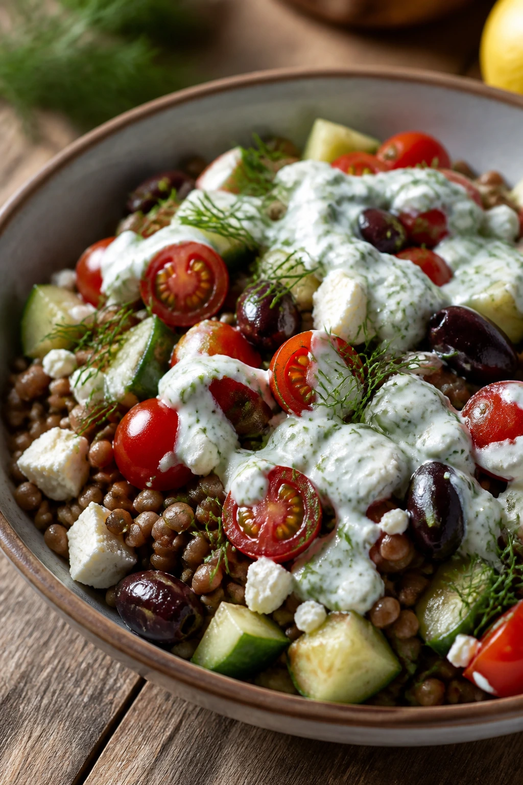 Close-up Greek lentil bowl with dill yogurt and feta