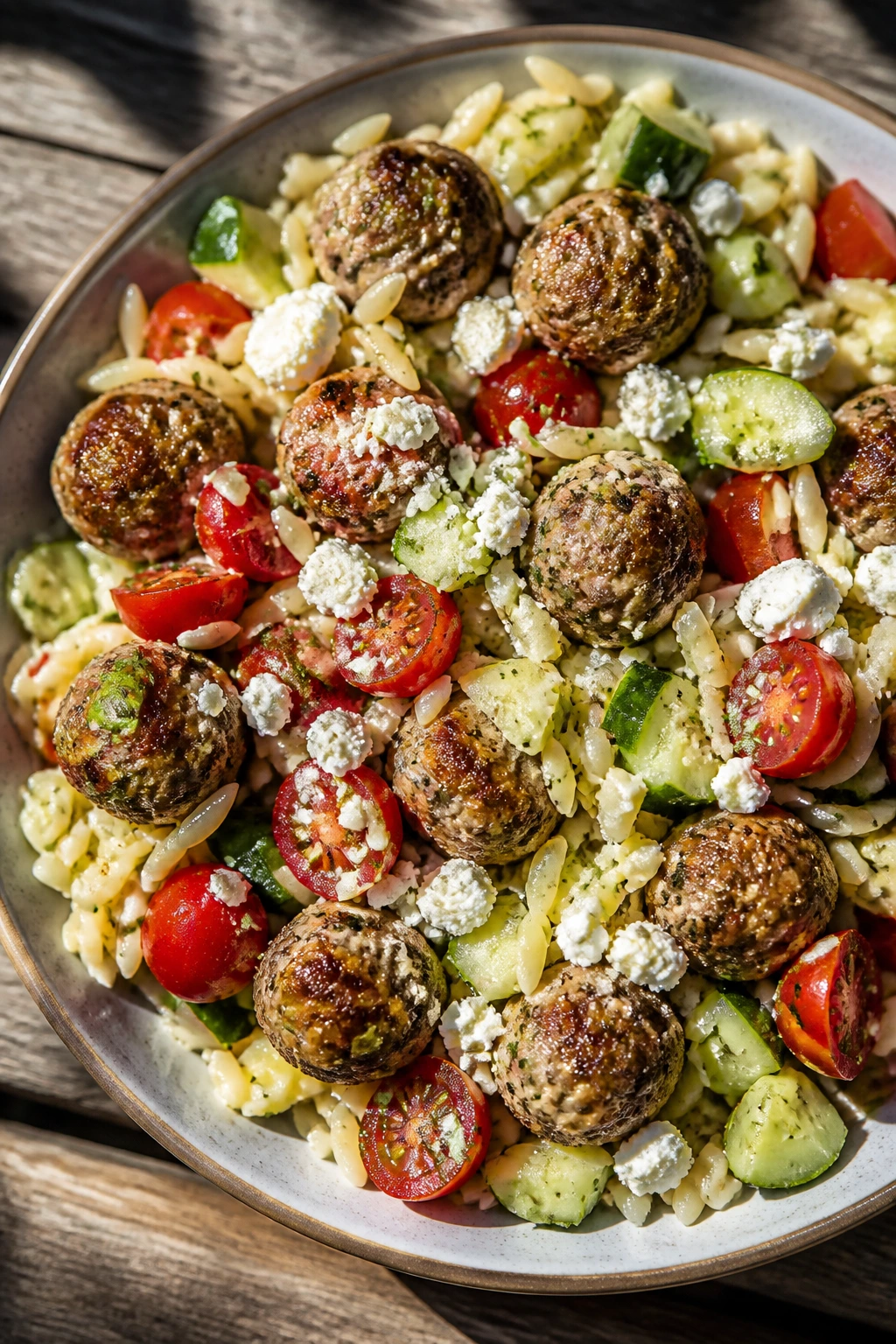 Close-up of Greek Meatball Orzo Salad with meatballs, orzo, cucumber, tomato and feta