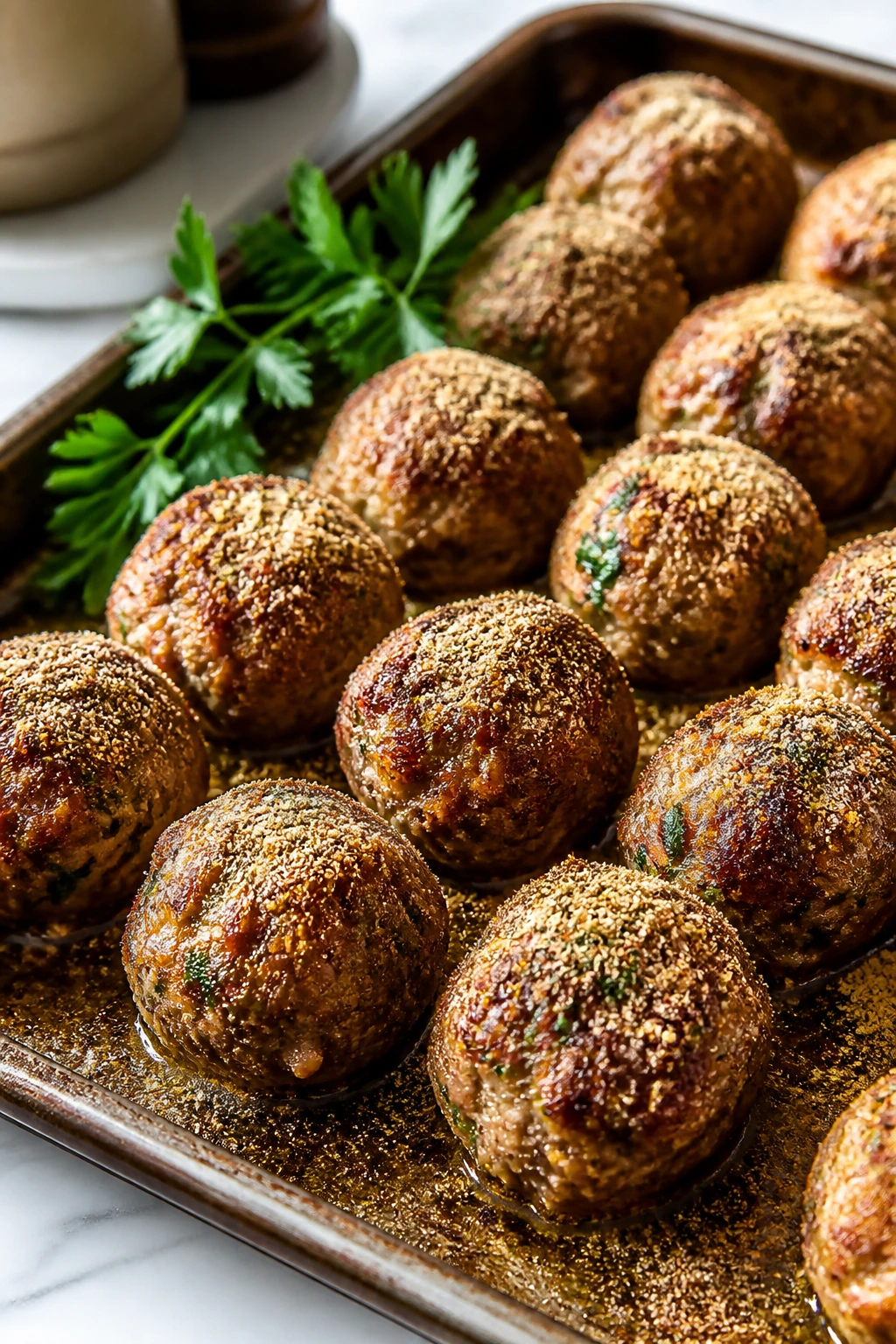 Pantry-style Greek meatballs on baking sheet with cumin and parsley