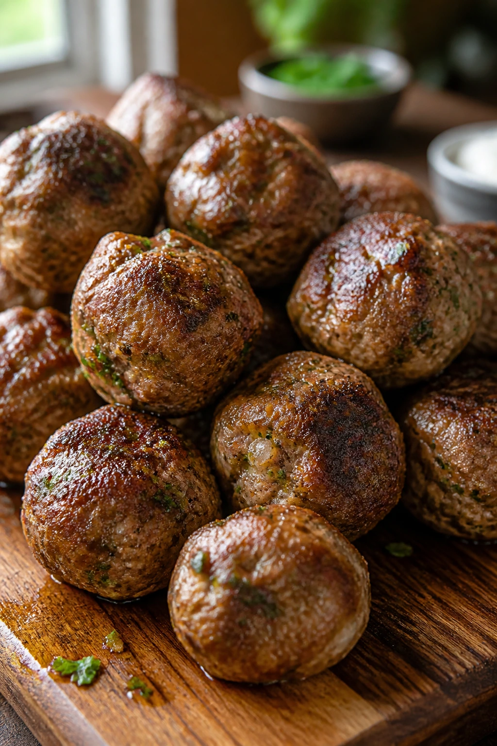 Close-up of juicy Greek meatballs on a rustic board