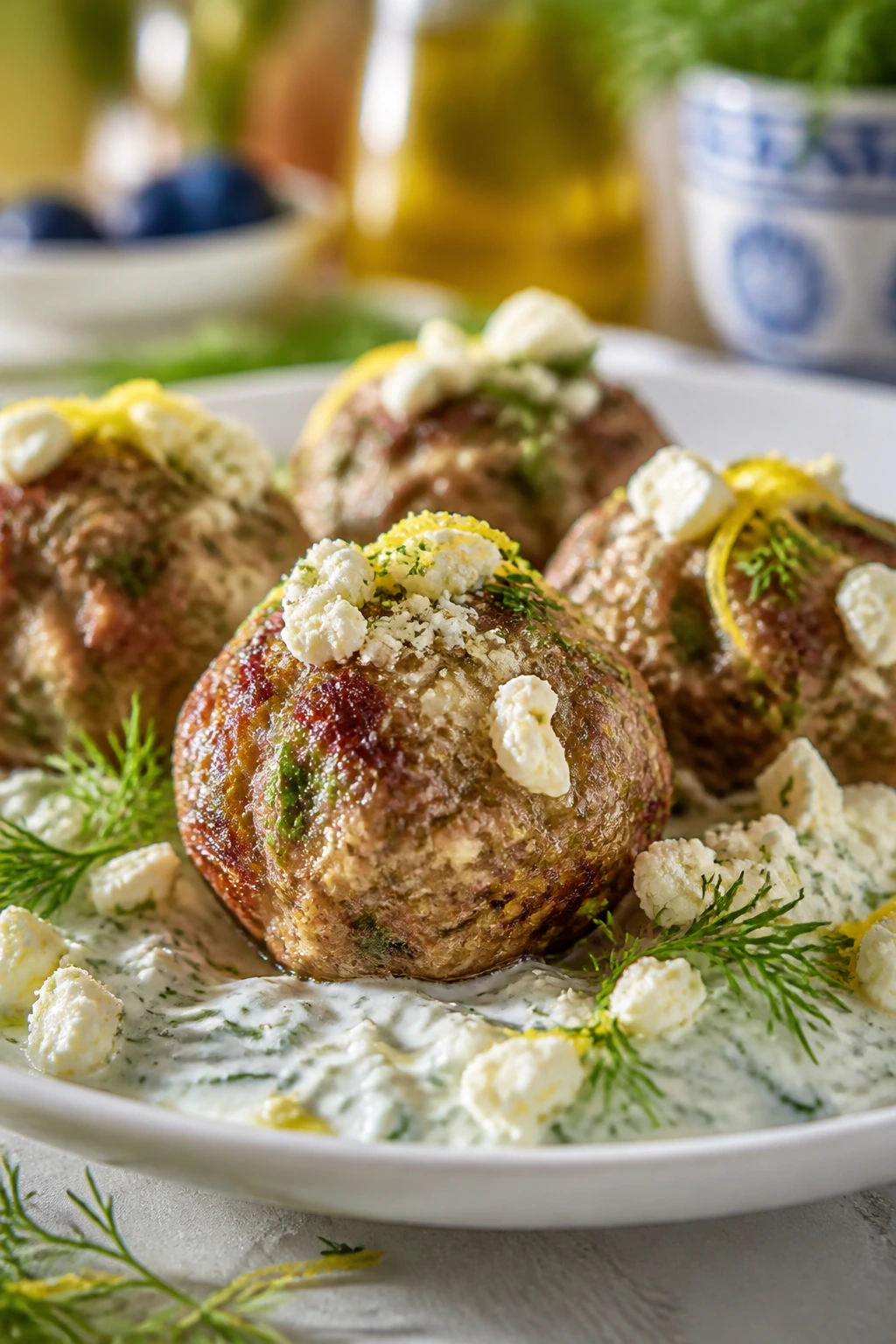 Greek lemon-oregano meatballs with feta, close-up.