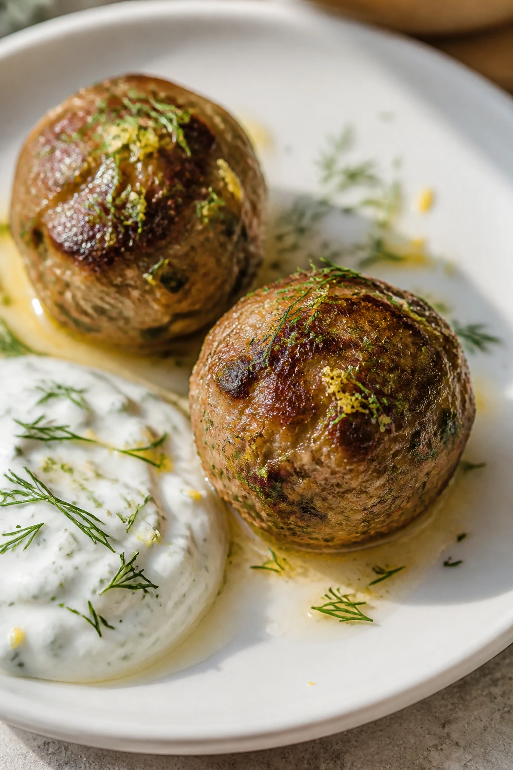 Close-up of Greek lemon-oregano meatballs with dill on a plate