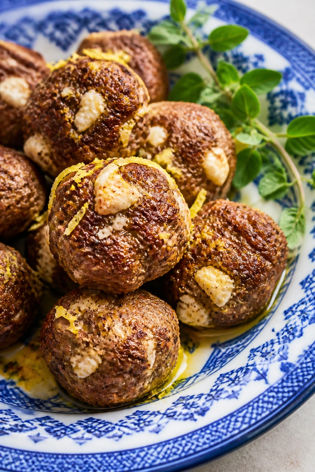 Greek lemon-oregano meatballs with feta on a blue plate.