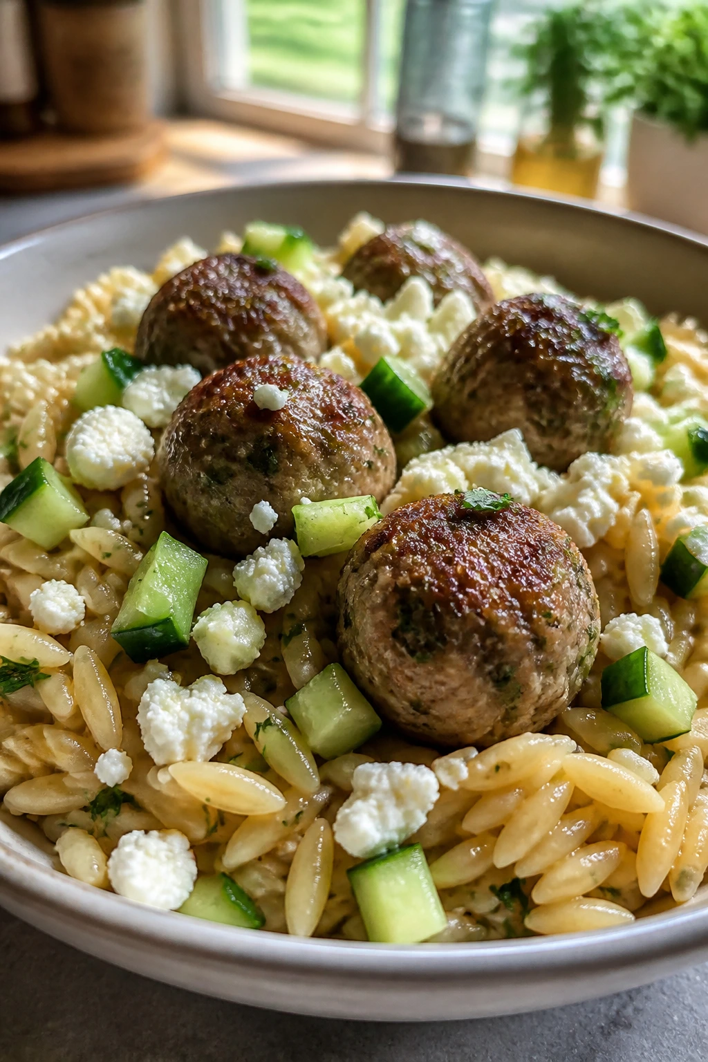 Medium close-up of Greek meatballs with orzo and feta