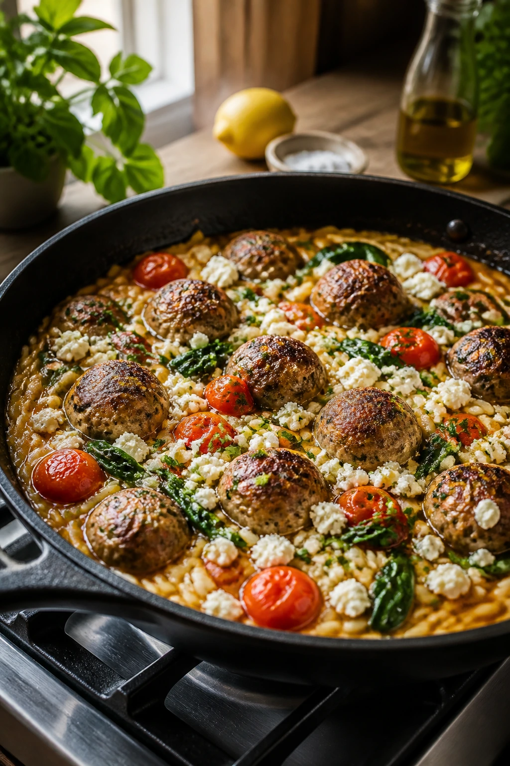 Skillet with Greek meatballs and orzo with tomatoes, spinach, and feta