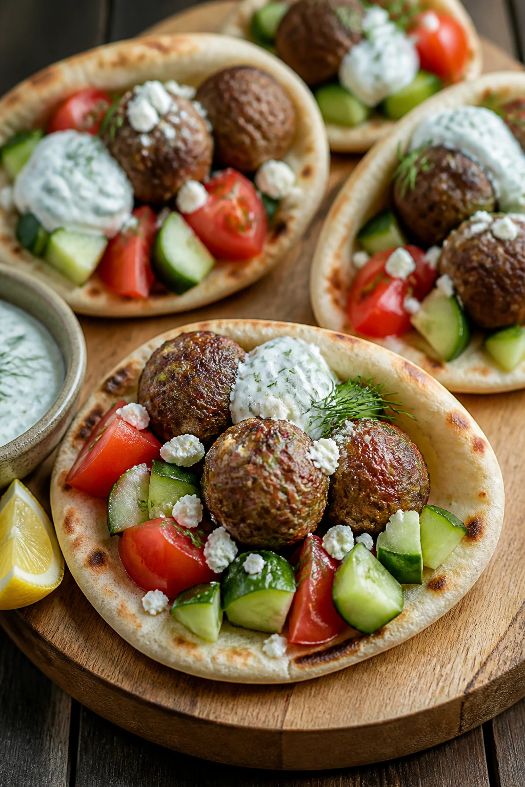 Close-up of Greek meatball pita platter with cucumber, tomato, dill yogurt, feta