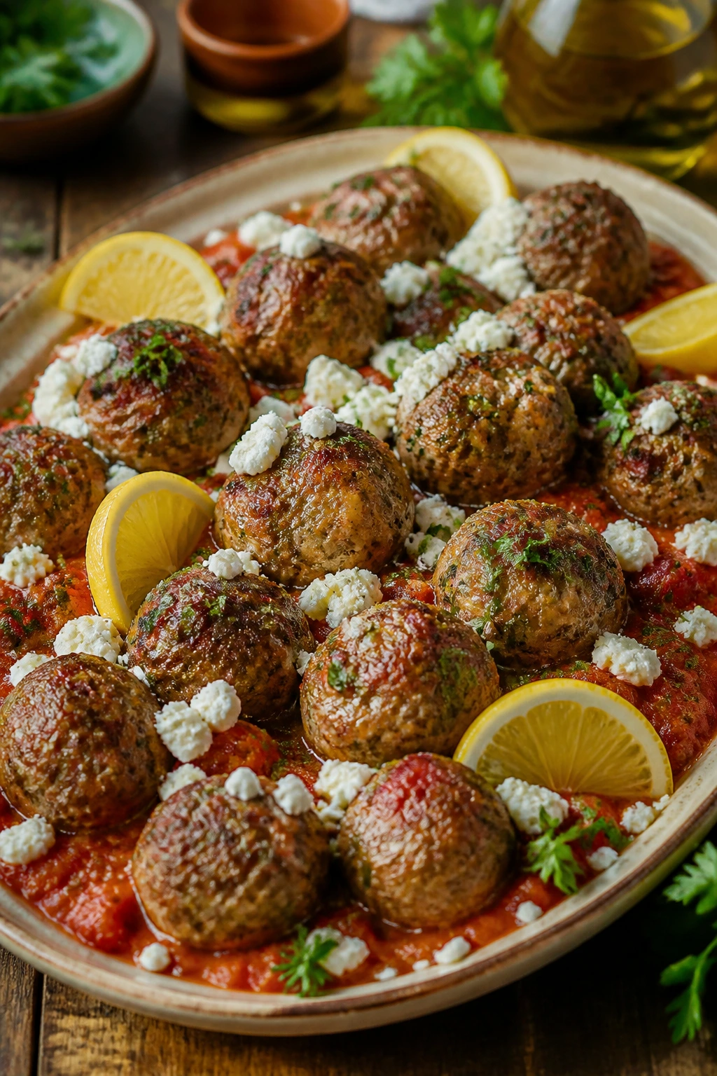 Close-up of Greek meatballs on a warm serving platter with lemon and feta