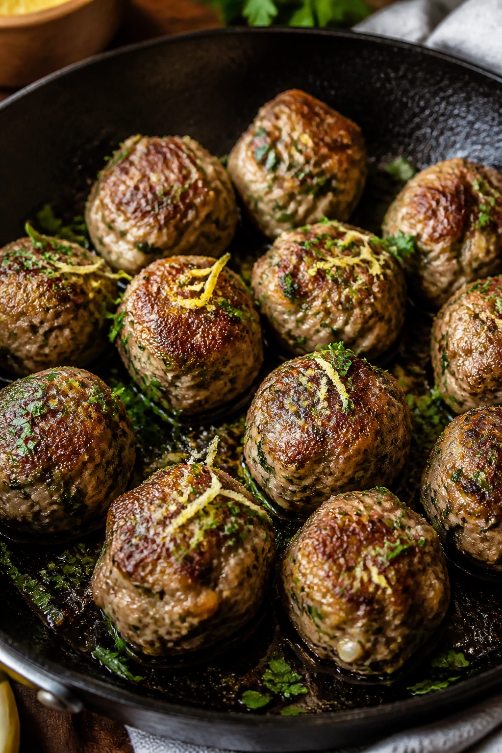 Golden-brown Greek meatballs in a skillet with herbs and lemon zest