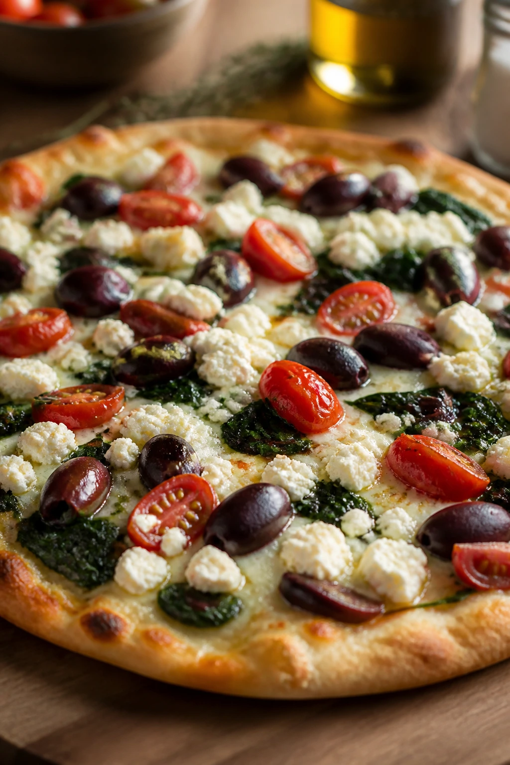 Close-up of Greek-style pizza with olives and feta on crust