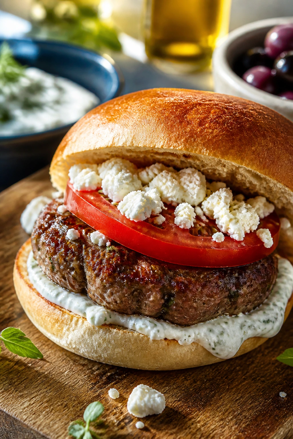 Beef patty with oregano, feta, and tomato on wooden board