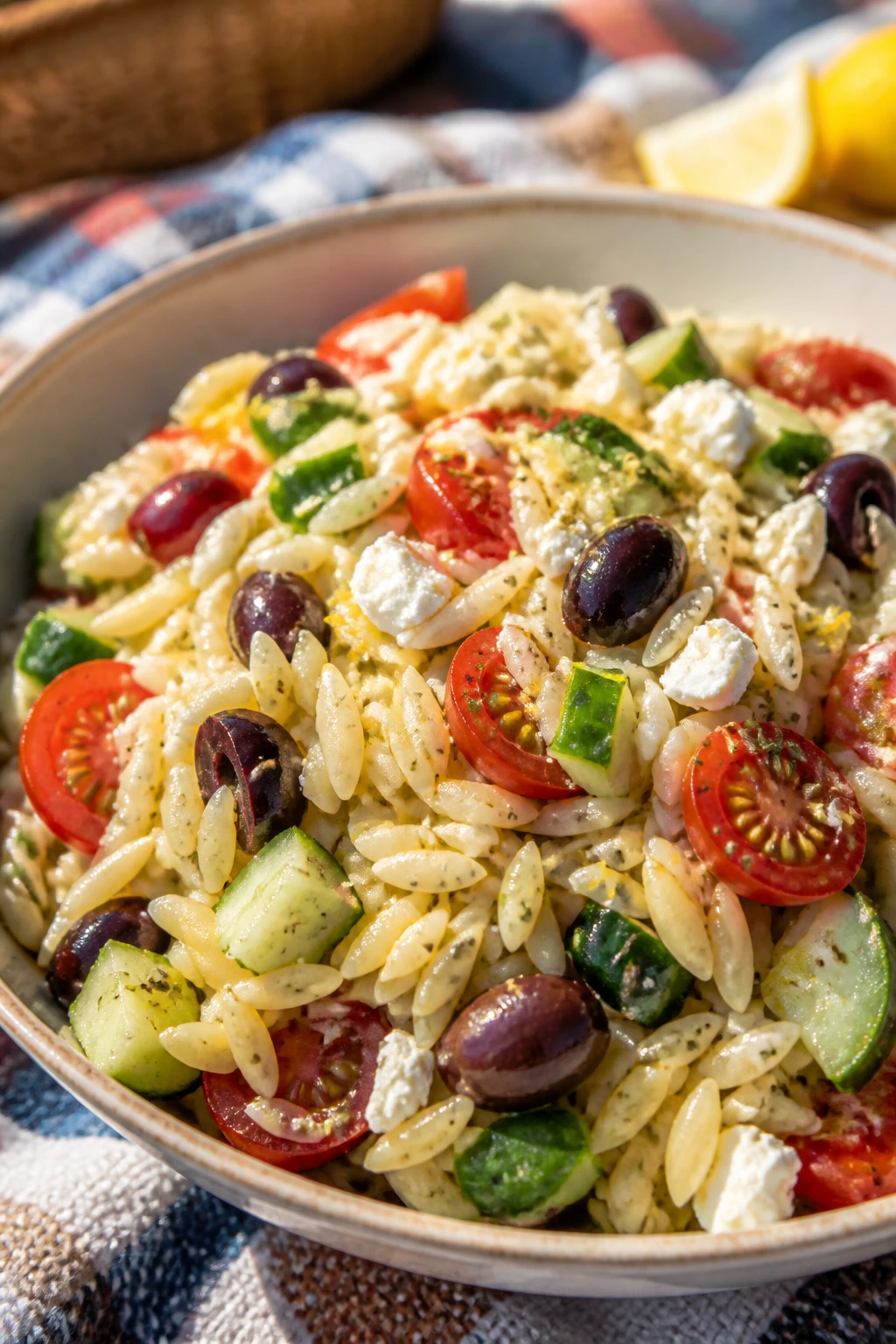Close-up Greek Orzo Salad with feta olives on a picnic blanket.