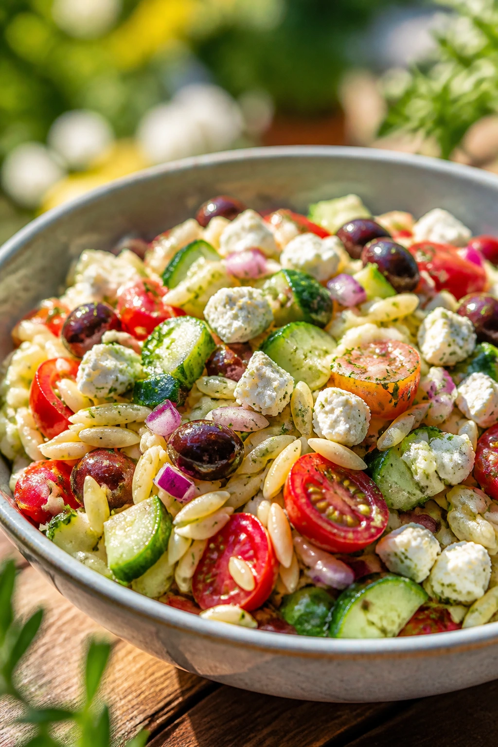 Close-up of Greek orzo salad with feta in a serving bowl on a picnic table
