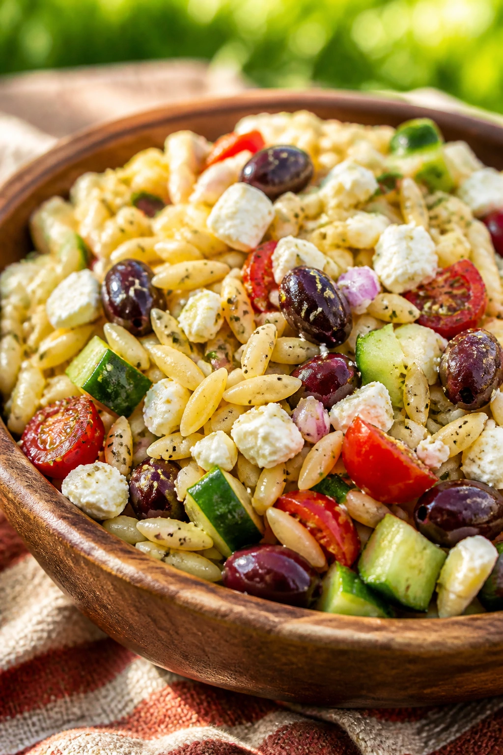Close-up of Greek orzo salad in a bowl on a picnic