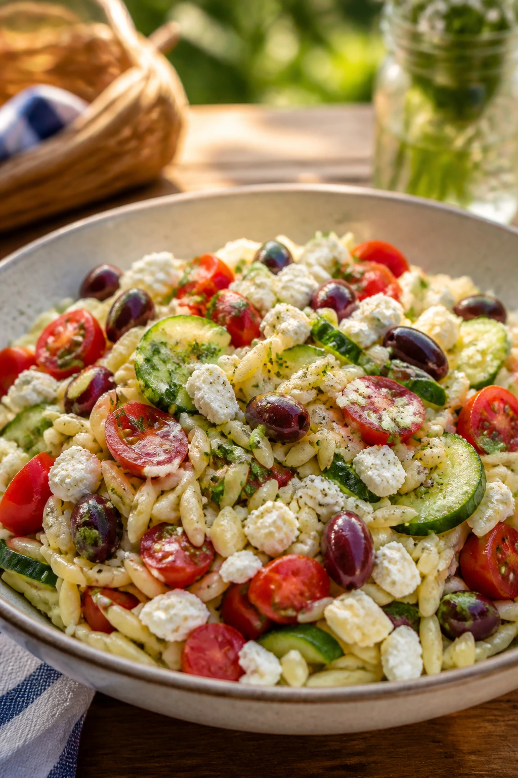Close-up of Greek orzo salad with cucumber, olives, feta outdoors
