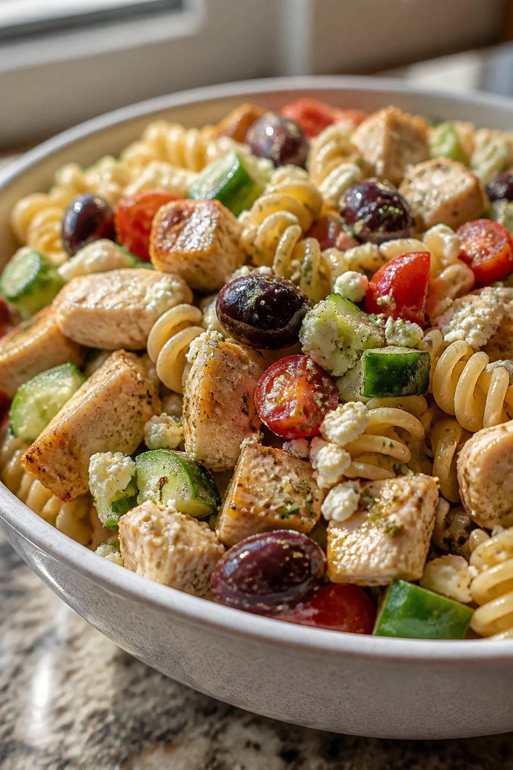 Greek pasta salad with chicken cucumber olives feta in a bowl